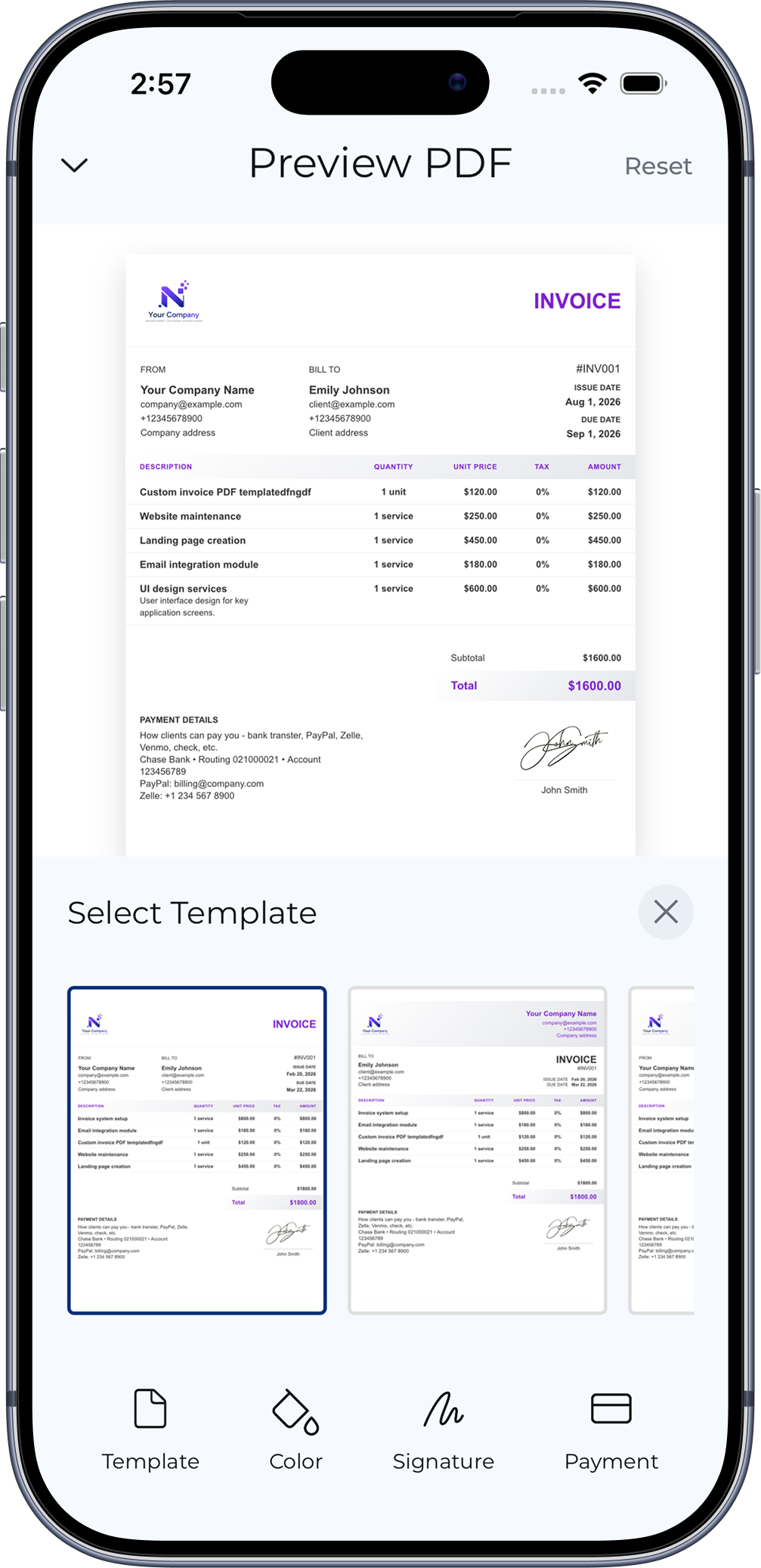 Custom invoice template selection screen