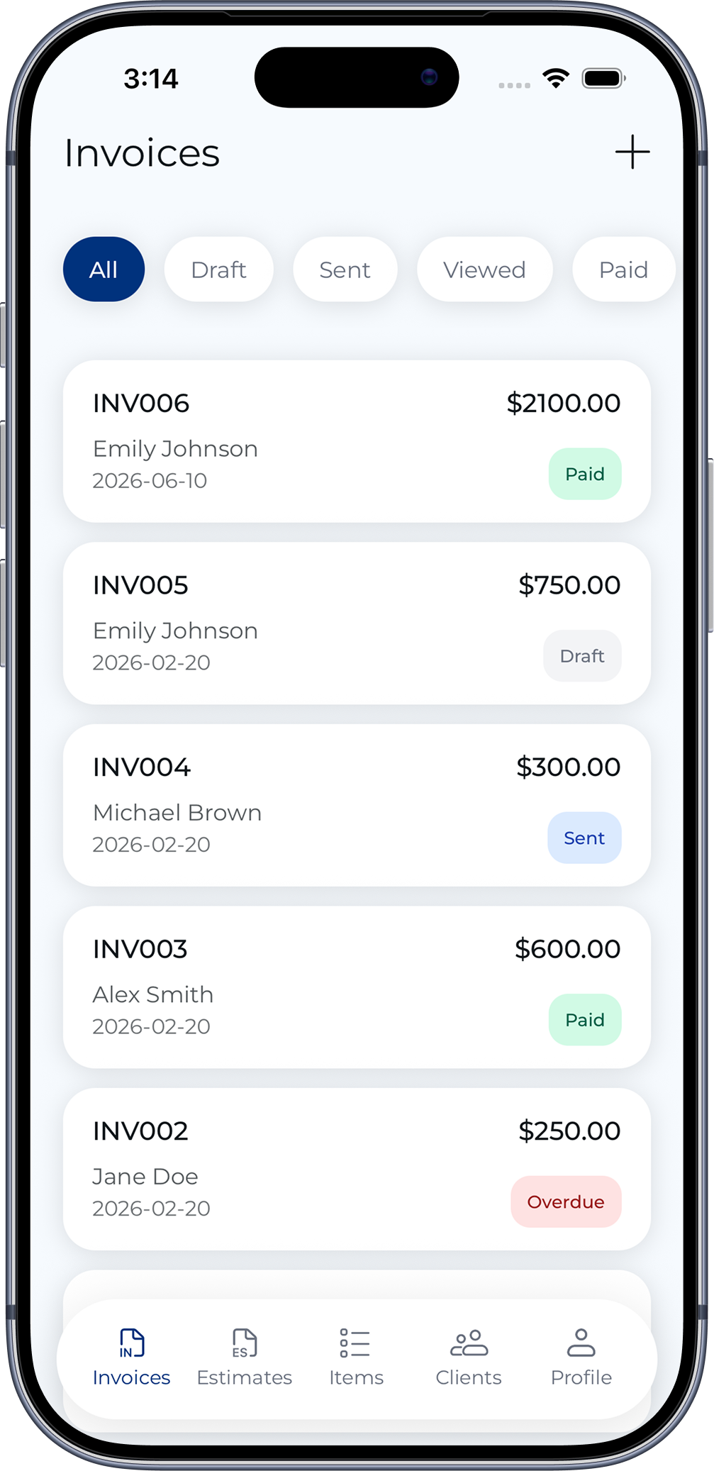 Invoices app main screen showing invoice list